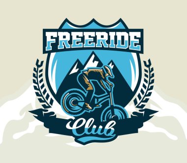 Renkli logo, amblem, etiket, kulüp biniciler dağlar, izole vektör çizim bir arka plan üzerinde bir dağ bisikleti üzerinde hileler gerçekleştirin. Club yokuş aşağı, freeride. T-shirt baskı.