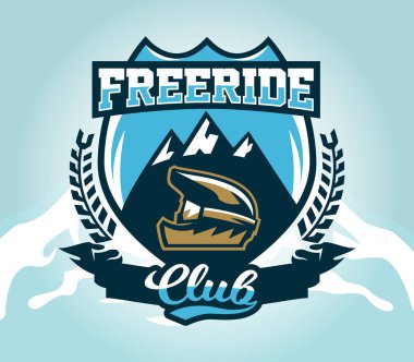 Renkli logo, amblem, etiket, dağlar, izole vektör çizim bir arka plan üzerinde aşırı bisikletçi kask. Club yokuş aşağı, freeride. T-shirt baskı.