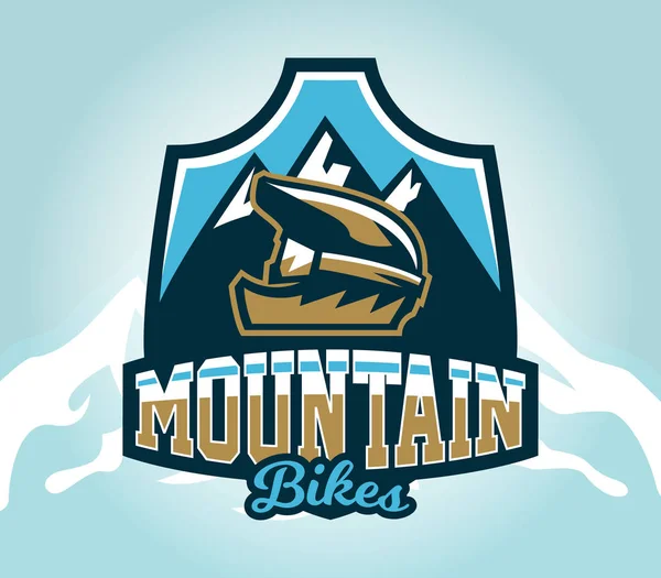 Colorful logo, emblem, sticker, extreme cyclist helmet on a background of mountains, isolated vector illustration. Club downhill, freeride. Print on T-shirts. — Stock Vector