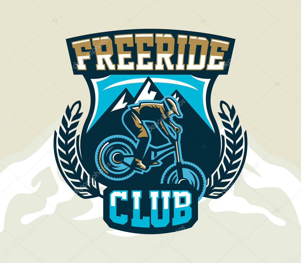 Colorful logo, emblem, label, club riders perform tricks on a mountain bike on a background of mountains, isolated vector illustration. Club downhill, freeride. Print on T-shirts.