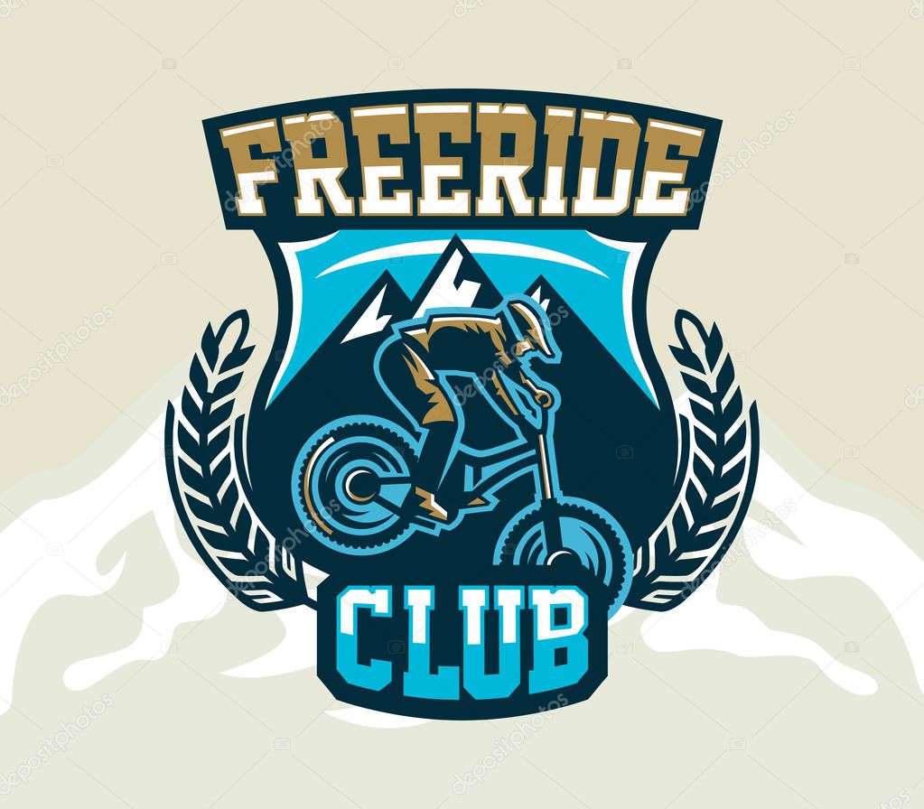 Colorful logo, emblem, label, club riders perform tricks on a mountain bike on a background of mountains, isolated vector illustration. Club downhill, freeride. Print on T-shirts.