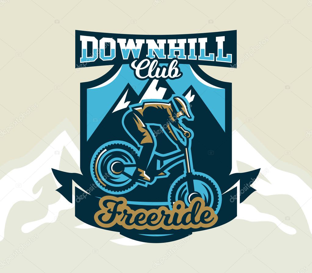 Colorful logo, emblem, label, club riders perform tricks on a mountain bike on a background of mountains, isolated vector illustration. Club downhill, freeride. Print on T-shirts.