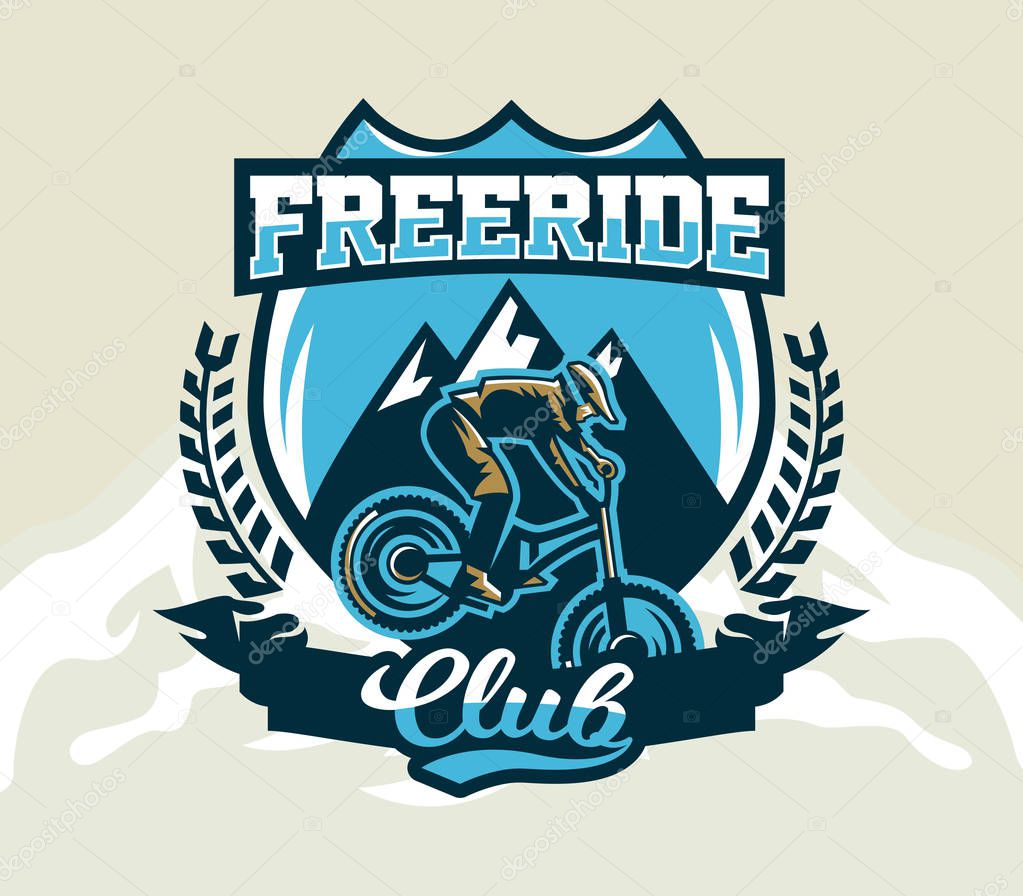 Colorful logo, emblem, label, club riders perform tricks on a mountain bike on a background of mountains, isolated vector illustration. Club downhill, freeride. Print on T-shirts.