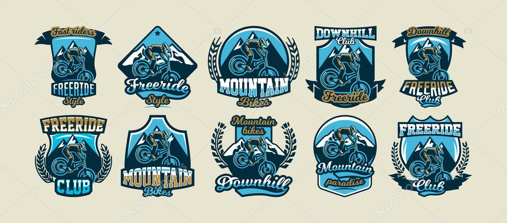 Collection of colorful logos, emblems, stickers rider to perform tricks on a mountain bike on a background of mountains, isolated vector illustration. Club downhill, freeride. Print on T-shirts