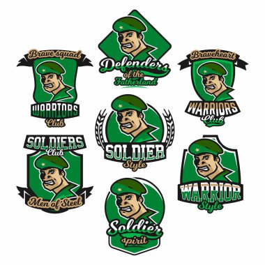 Renkli Logolar, amblemler, çıkartmalar, yüz korkunç asker topluluğu. Askeri temalı, T-shirt baskı. Vektör çizim