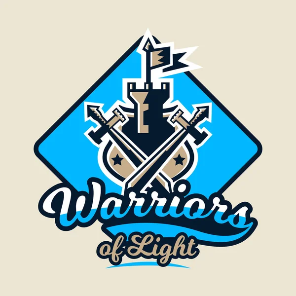 Logo colorido, emblema de una antigua fortaleza con una bandera y dos espadas cruzadas. Sujetos caballeros, guerreros, castillos. Ilustración vectorial — Vector de stock
