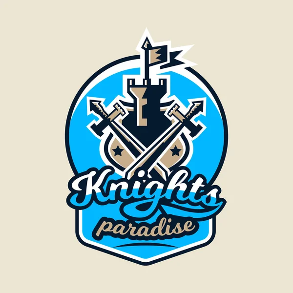 Çapraz renkli logo, amblem bayrak ve iki kılıç ile eski bir kale. Konu Şövalyeler, savaşçılar, kaleler. Vektör çizim — Stok Vektör