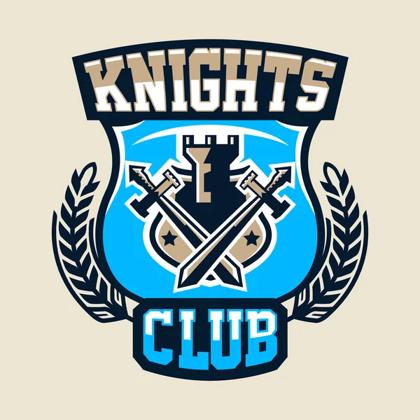 Çapraz renkli logo, amblem bayrak ve iki kılıç ile eski bir kale. Konu Şövalyeler, savaşçılar, kaleler. Vektör çizim — Stok Vektör
