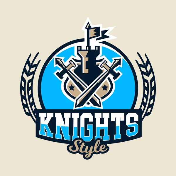 Kleurrijke logo, embleem van een oud fort met een vlag en twee zwaarden cross. Onderwerp ridders, warriors, kastelen. Vectorillustratie — Stockvector