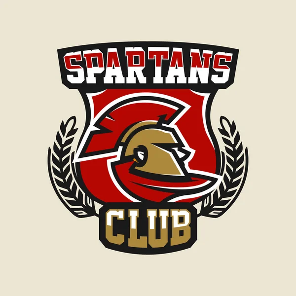 Logo colorato, emblema, elmo e mantello spartano, antico guerriero greco, soldato romano. Illustrazione vettoriale — Vettoriale Stock