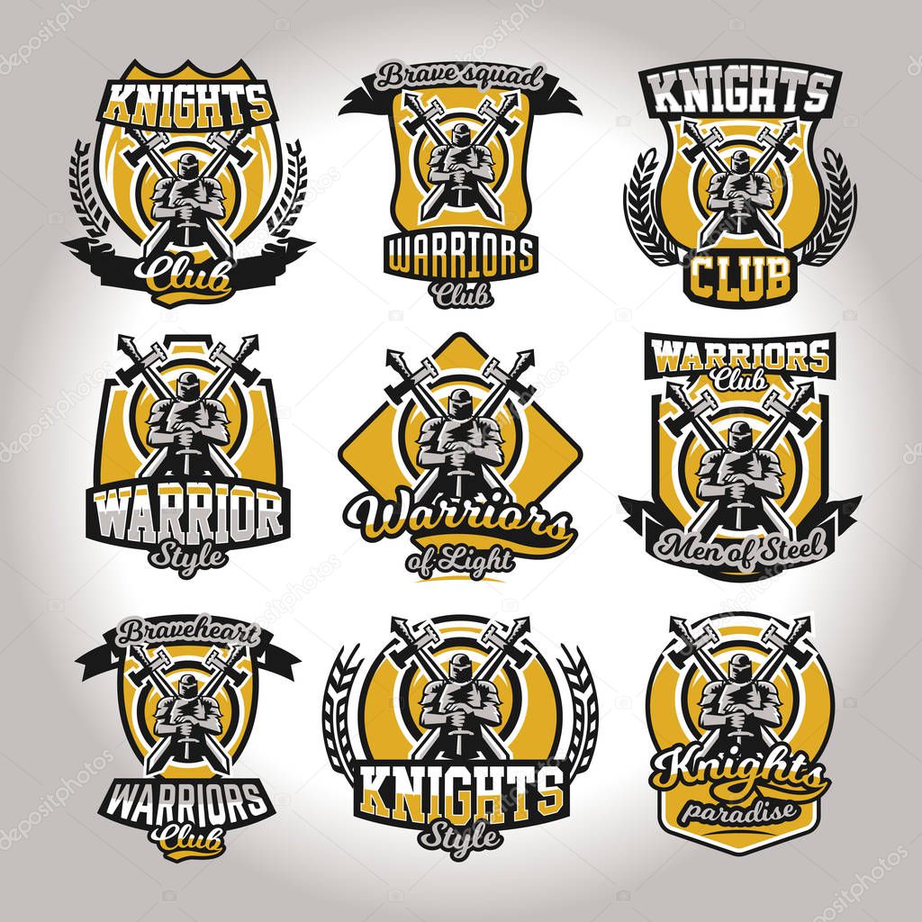 Set of colorful logos, emblems of a knight on a background of two cross swords, used different fonts and shields. The theme knights, barbarians, warriors, swordsmen, kingdoms. Vector illustration.