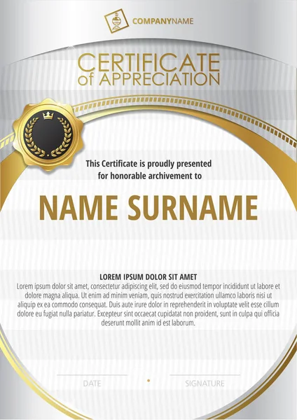 Template of Certificate of Appreciation with golden badge and silver round frame