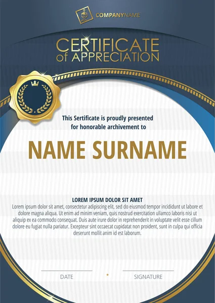 Template of Certificate of Appreciation with golden badge and blue round frame — Stock Photo, Image