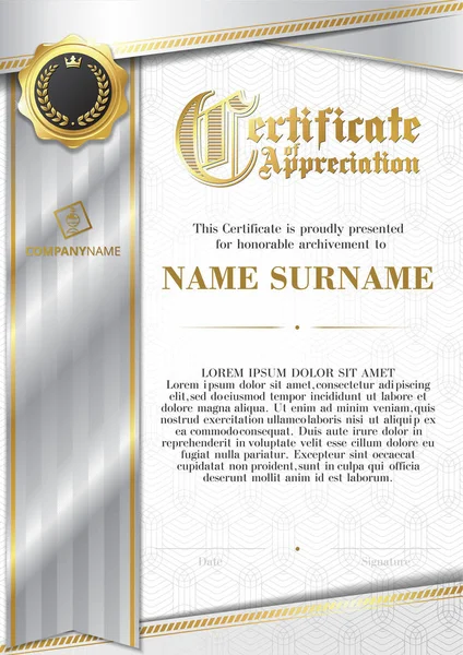 Template of Certificate of Appreciation with golden badge and silver ribbon