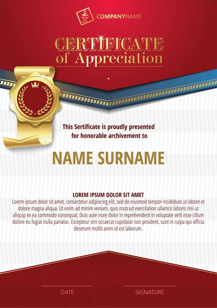 Template of Certificate of Appreciation with golden badge and red elements