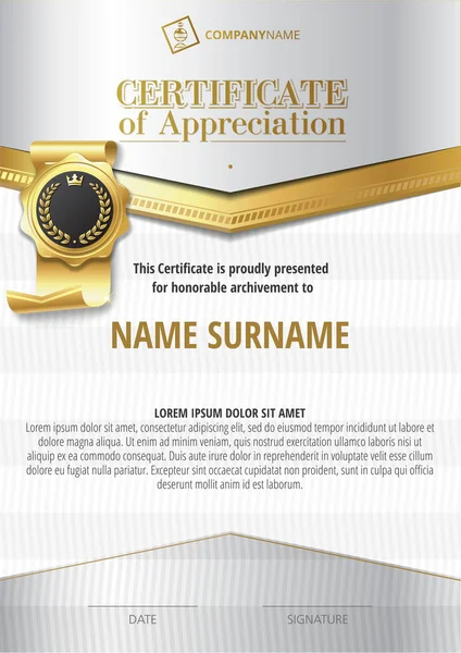 Template of Certificate of Appreciation with golden badge and silver elements — Stock Photo, Image