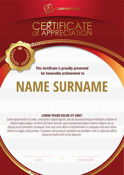 Modelo de Certificado de Apreciação com crachá de ouro e moldura redonda vermelha — Fotografia de Stock
