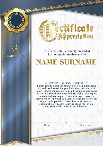Šablona certifikátu uznání s zlatý odznak a modrá stuha — Stock fotografie