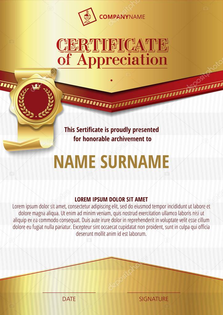 Template of Certificate of Appreciation with golden badge and silver and golden elements