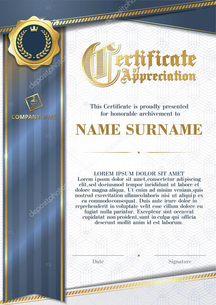 Template of Certificate of Appreciation with golden badge and blue ribbon