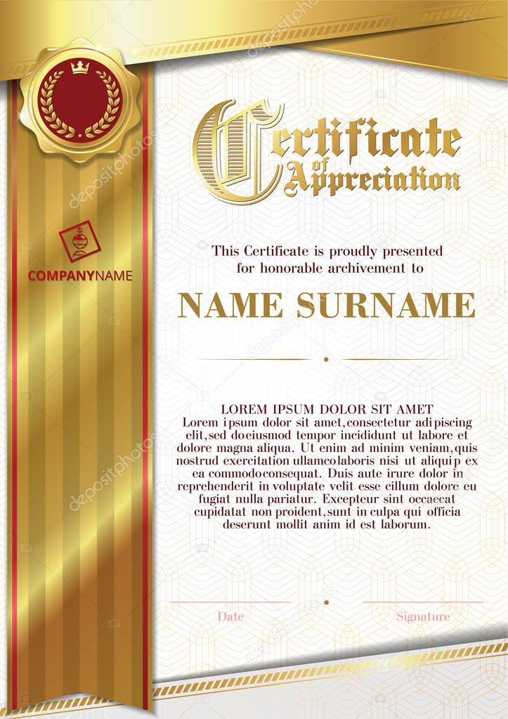 Template of Certificate of Appreciation with golden badge and ribbon