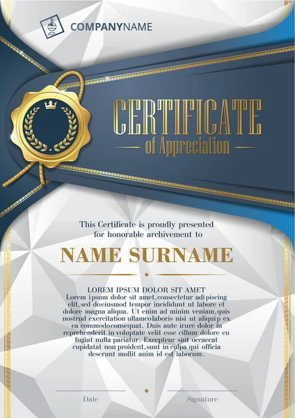 Template of Certificate of Appreciation with golden badge and triangular background, in blue — Stock Vector