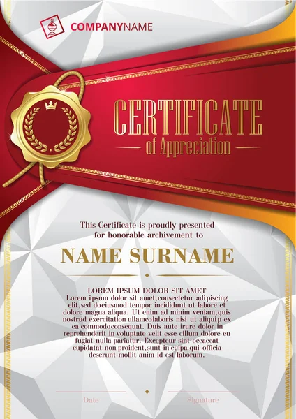 Template of Certificate of Appreciation with golden badge and triangular background, in red — Stock Vector