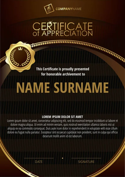 Template of Certificate of Appreciation with golden badge and dark brown round frame — Stock Vector