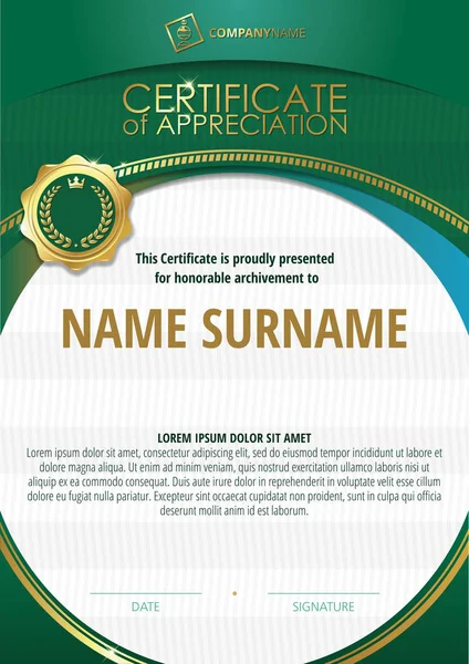 Template of Certificate of Appreciation with golden badge and green round frame — Stock Vector