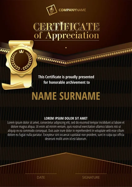 Template of Certificate of Appreciation with golden badge and dark brown elements — Stock Vector