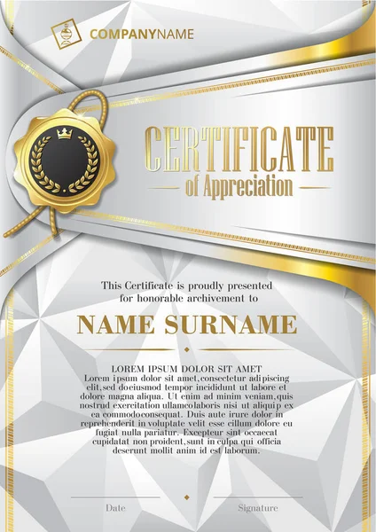 Template of Certificate of Appreciation with golden badge and triangular background, in silver — Stock Vector