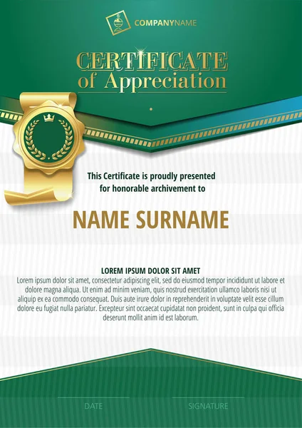 Template of Certificate of Appreciation with golden badge and green elements — Stock Vector