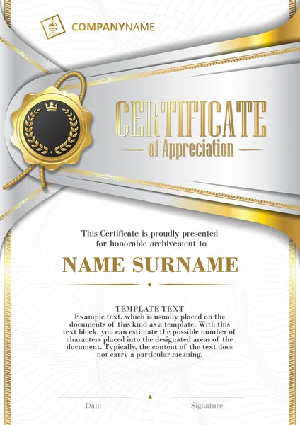 Template of Certificate of Appreciation with golden badge and patterned background, in silver — Stock Vector