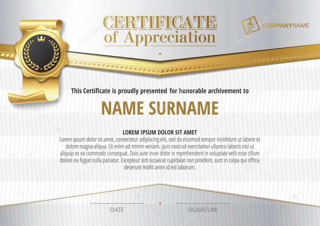 Template of Certificate of Appreciation with golden badge and silver elements, horizontal
