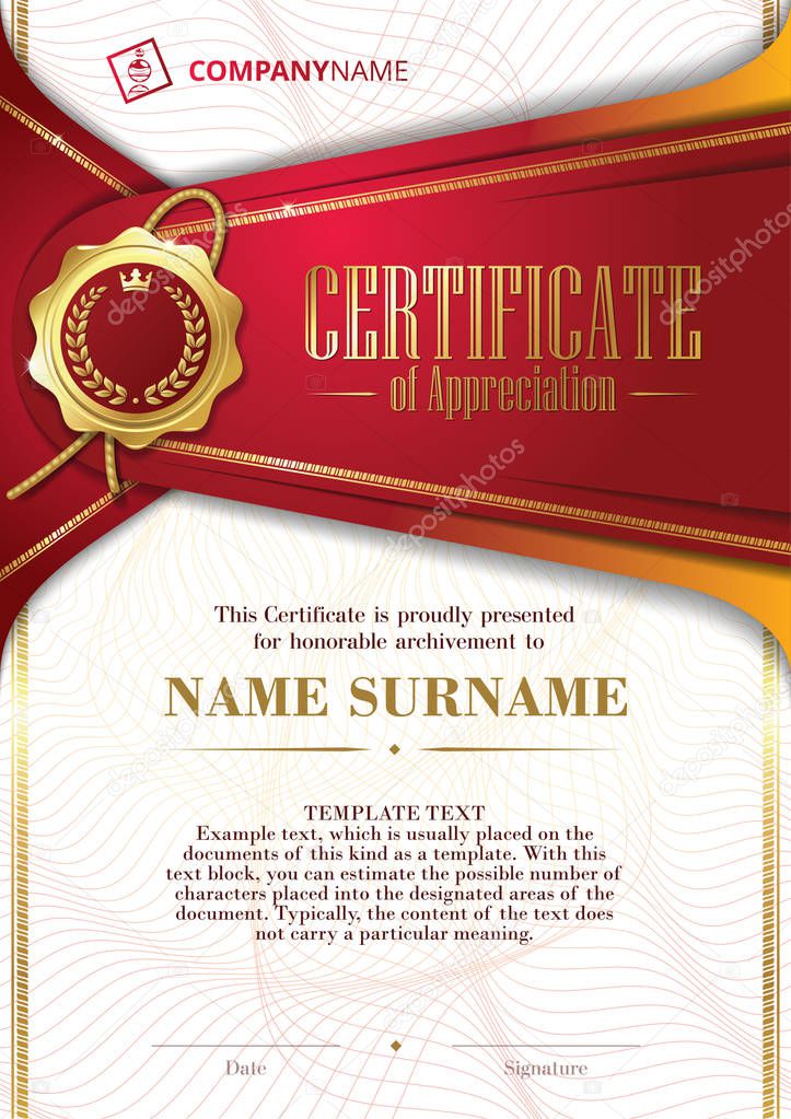 Template of Certificate of Appreciation with golden badge and patterned background, in red