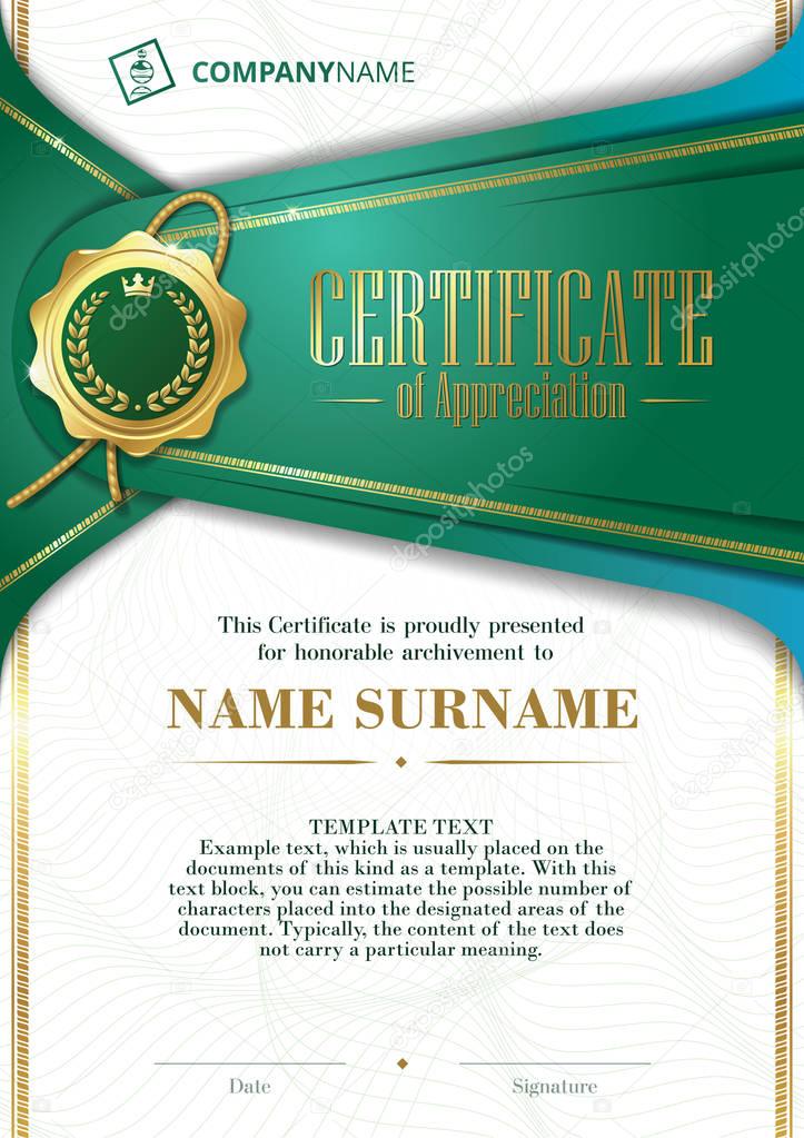 Template of Certificate of Appreciation with golden badge and patterned background, in green