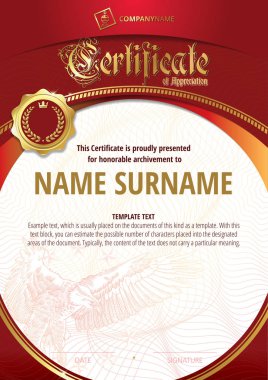 Altın rozet ve arka planda bir kartal ile şablon takdir belgesi. Kırmızı version.