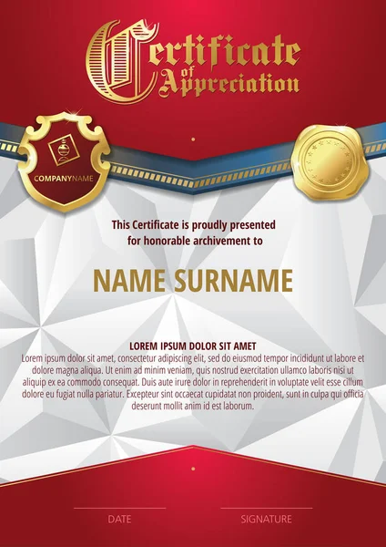 Template of Certificate of Appreciation with two golden badges and with red elements — Stock Vector