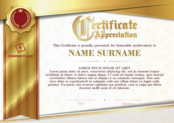Template of Certificate of Appreciation with golden badge and ribbon, horizontal — Stock Vector