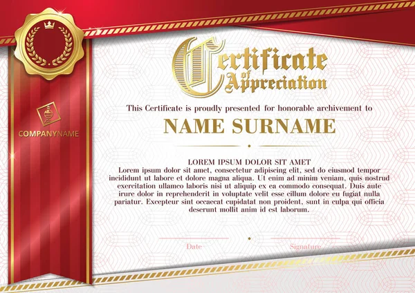 Template of Certificate of Appreciation with golden badge and red ribbon, horizontal — Stock Vector