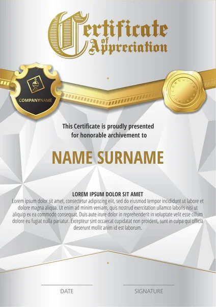 Template of Certificate of Appreciation with two golden badges and with silver elements — Stock Vector