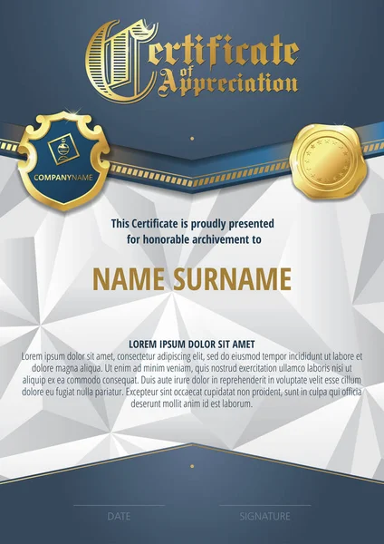 Modelo de Certificado de Apreciação com dois emblemas dourados e com elementos azuis — Vetor de Stock