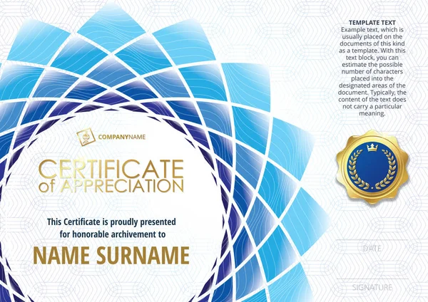 Template of Certificate of Appreciation with golden badge, with flower shaped elements of different shades of blue. Horizontal version. — Stock Vector