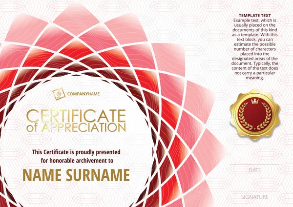 Template of Certificate of Appreciation with golden badge, with flower shaped elements of different shades of red. Horizontal version. — Stock Vector