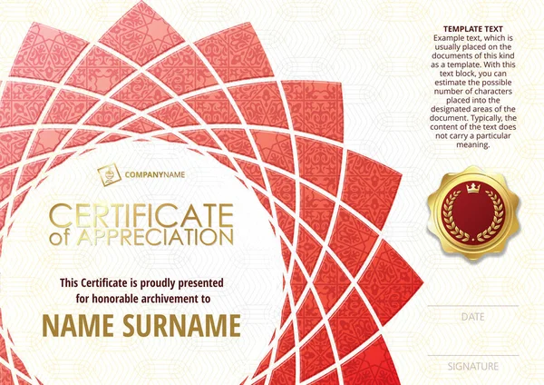 Template of Certificate of Appreciation with golden badge, with red flower shaped elements, whit oriental pattern. Horizontal version. — Stock Vector