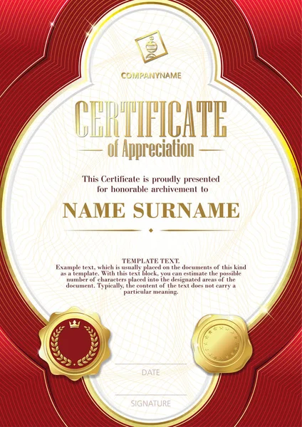 Szablon certyfikatu uznania z dwa złote odznaki i czerwone elementy — Wektor stockowy