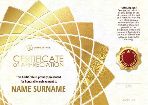 Template of Certificate of Appreciation with golden badge, with golden flower shaped elements, whit gold oriental pattern. Horizontal version. — Stock Vector