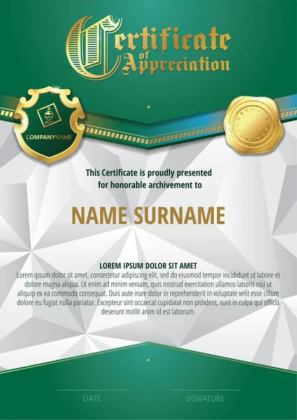 Template of Certificate of Appreciation with two golden badges and with green elements — Stock Vector