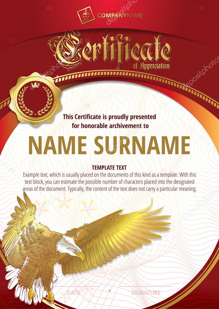 Template of Certificate  of Appreciation with golden badge and with golden eagle. Red version.