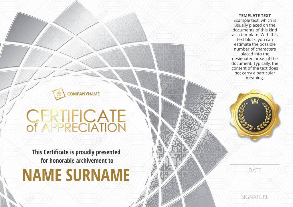 Template of Certificate of Appreciation with golden badge, with silver flower shaped elements, whit silver oriental pattern. Horizontal version.